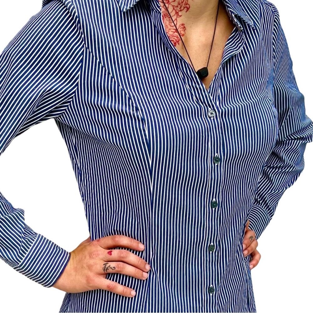 Express blue & white button down striped shirt. Size M. (Pls see description)